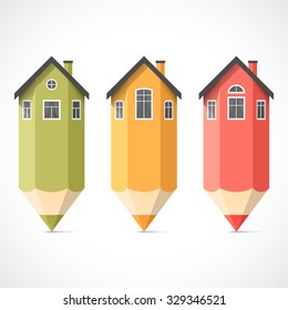 Set of colorful pencil houses. Easy to change colors.