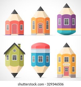Set of colorful pencil houses. School building icons in flat style. Education and learning concept. Back to school. Easy to change colors.