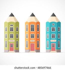 Set of colorful pencil houses. School building icons in flat style. Education and learning concept. Back to school. Easy to change colors.