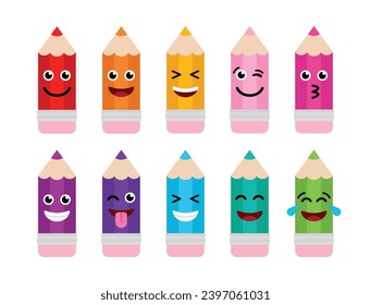 Set of Colorful Pencils, Cartoon Chunky Pencils With Different Emoji Style Faces, Back To School Clipart