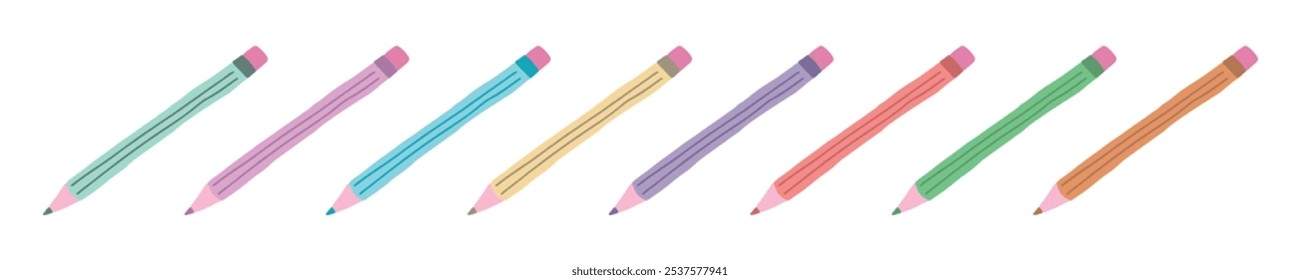 Set of Colorful Pencils Illustration Isolated on White Background. Concept of School Supplies, Writing Tools, Stationery Design. Simple and Minimalist Style for Education and Creativity. Print, icon.