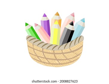A set of colorful pencils inside the basket isolate on white background. Copy space for your text.Vector illustration.