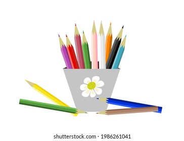 A set of colorful pencils inside the pot isolate on white background. Copy space for your text.Vector illustration.