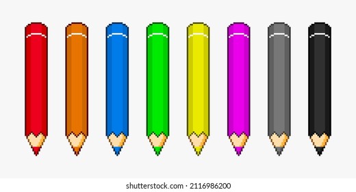 Set of colorful pencils in pixel art style