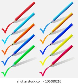 set of colorful pencils put a tick on a white background.