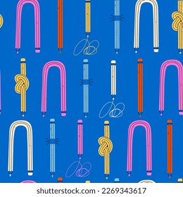 Set of colorful Pencils in various conditions. Straight, bended, knotted, broken and short pencil. Back to school, teacher's day concept. Hand drawn Vector illustration. Square seamless Pattern