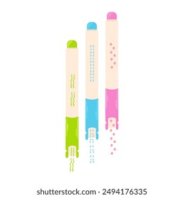 Set of colorful pens with different patterns, cute universal color pen for student,children's drawing,for school supplies and stationery.Vector back to school