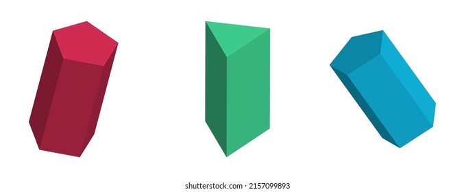 Set of colorful pentagonal and triangular prism from different sides. Vector abstract geometric 3D objects. Technology block chain network connection. Geometric figures.
