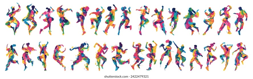 set of colorful people doing difference dance move. man woman flat illustration. isolated on transparent background.