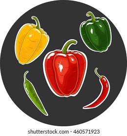 Set of colorful peppers painted in sticker style