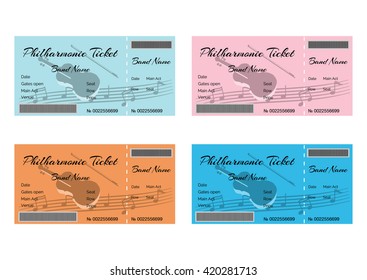 Set of Colorful Philharmonic Tickets with Violin and Musical Notes. Vector Illustration EPS10