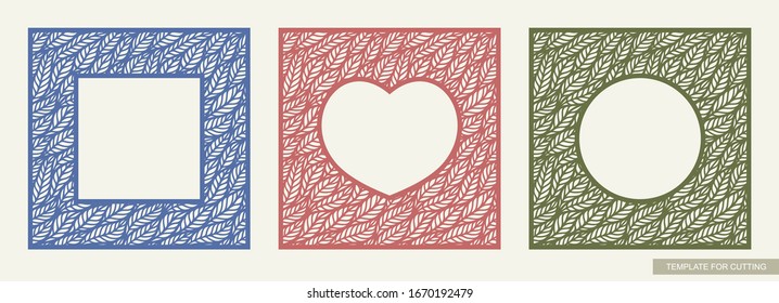 Conjunto de cuadros de fotos coloridos con un agujero en la forma de un círculo, corazón, cuadrado. Ropa floral de encaje con motivos de hojas. Plantilla para corte láser, grabado metálico, tallado de madera, corte de papel. Vector.