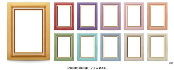 Set of colorful picture frames  isolated on white background. Realistic rectangle frames mockup. Classic Photo wooden frame. Borders set for painting, poster, photo gallery. 3d vector illustration.