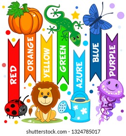 Set of colorful pictures for children. For education. Colors are red, yellow, orange, green, blue, azure and purple.Image of pumpkin, butterfly, lion, ladybug, watering can, lizard, jellyfish.