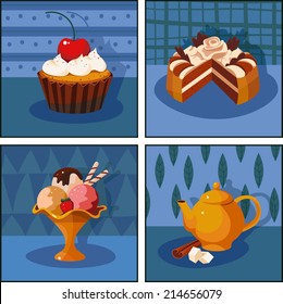 Set of colorful pictures with dessert: cake, ice cream, tea, sugar, cinnamon