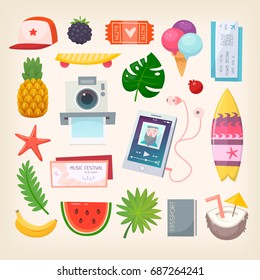 Set of colorful pictures of elements and icons to represent hot adventurous summer season. Vector illustration.