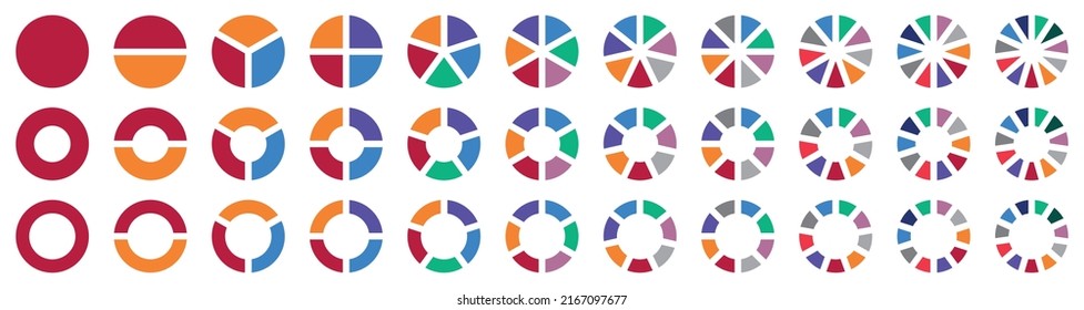 Set Of Colorful Pie Chart. Different Colorful Diagram, Circle Icons For Infographic, Pie Chart For Business Presentation With Progress Sectors And Sections Or Steps. Vector, EPS 10.