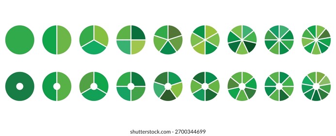 Conjunto de gráficos de pizza coloridos símbolo de ilustração vetorial. Diferentes círculos de cor isolaram elementos infográficos definidos no fundo branco. Coleção de diagramas de gráfico de pizza, ícones de círculo diferentes. 