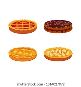 Set of colorful pies and cake. Home made bakery. Isolated vector illustrations.