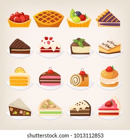 Set of colorful pies and cakes and other sweet desserts on plates. Isolated vector illustrations.