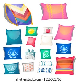 A set of colorful pillows with different patterns isolated on white background. Vector cartoon close-up illustration.