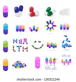 Set Of Colorful Pills Isolated On White Background - Vector  Illustration, Graphic Design Editable For Your Design. Pharmacy Icons. Medical Logo