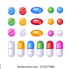 Set of colorful pills of various shapes. Medicine flat icons