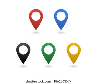 Set of colorful pin icons. Location, distance, navigation, map, gps, direction, route, destination marker isolated on white background. Vector icons in flat style for design, web, UI, mobile app