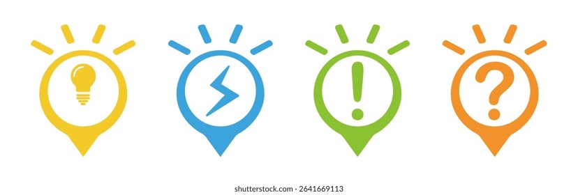 Set of colorful pin indicators, ideal for conveying concepts like innovation, quick solutions, alerts, and inquiries. modern graphic elements for engaging infographics and digital interfaces