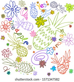 set of colorful pineapples, simple doodles, flowers as pattern, vector illustration with contour lines isolated on white background in hand drawn style