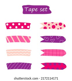 A set of colorful pink doodle stripes of washi tape with a pattern. Vector illustration of cute decorative tape isolated on white background.