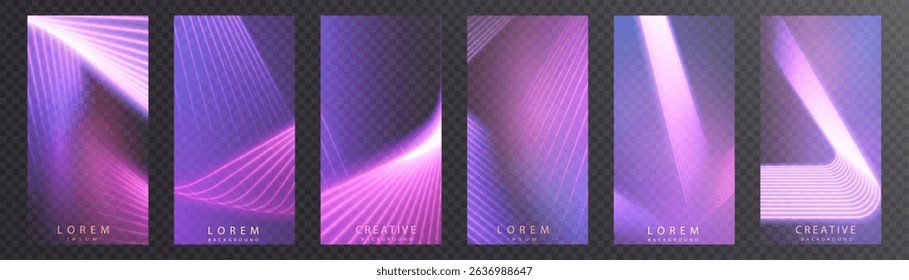 Set of colorful pink and purple backgrounds. Curved rays of light create a sense of movement and depth. Vector