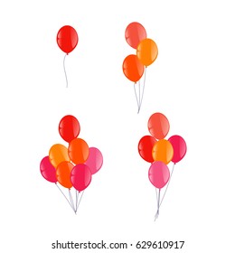Set of colorful pink red and orange bright helium balloons vector isolated illustration on white  background.