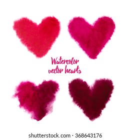 Set of colorful pink watercolor hearts for Valentine's day card. Hand drawn watercolor vector illustration. Design by flyer, banner, poster, printing, mailing, postcard, wedding.