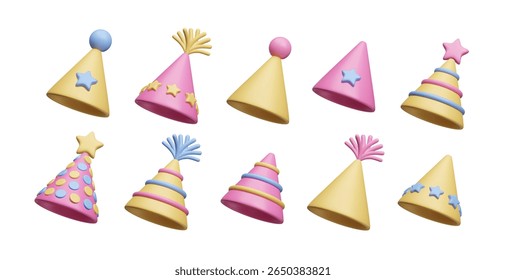 Set of colorful pink and yellow party hats 3D style vector bundle. Striped and dotted cone hats with stars, tassels and pom pom decor elements. Happy Birthday party fun festive greeting 3D icon set.