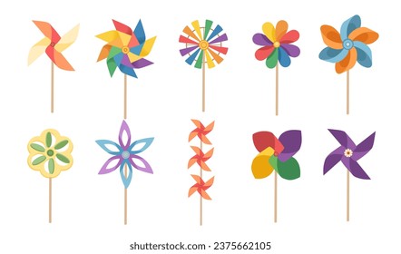 Set of colorful pinwheel simple hand toy with wind fan vector illustration isolated on white background svg