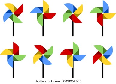 Set of Colorful Pinwheel or Spinning Windmill with Stick and Different Rotation Phases Symbol Icon. Vector Image.