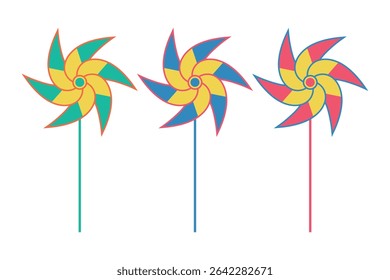 Set of colorful pinwheels isolated on white background. Vector illustration.
