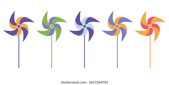 Conjunto de pinwheel colorido - ilustração vetorial em estilo plano. Hélice rotativa multicolorida brilhante em um pente. Brinquedo para crianças, atributo de férias.	