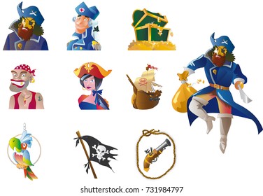 set of colorful pirate elements and objects 