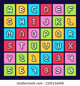 Set of colorful pixel art alphabet and number typeface with shadow. vector typography design.