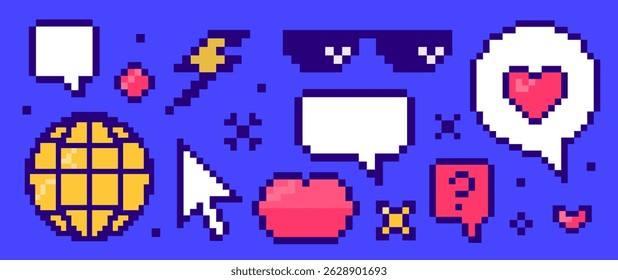Set of colorful pixel art social media and internet icons: speech bubbles, heart, cursor, globe, glasses, lips, lightning, question mark. Retro 8 bit style.