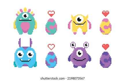 Set of colorful pixel monsters in cartoon style. Vector illustration of game characters that guard eggs with a health indicator on white background.