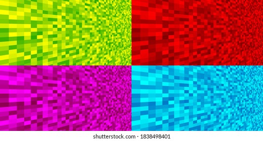 Conjunto de fondo de textura de píxeles coloridos en perspectiva. Banner de movimiento de tecnología digital. Patrón de píxeles cuadrados digitales horizontales.  Ilustración del mosaico de datos vectores. Papel de escritorio brillante de tecno.