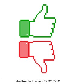 Set of colorful pixelated red green thumb up icons, business web pixel thumb up icons vector illustration. Business pixel icons.