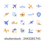 Set of colorful plane icons. Bright symbols of flight transport, aircraft for travel and cargo delivery and airplane. Design for website. Cartoon flat vector collection isolated on white background