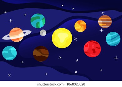 Set of colorful planet on dark space background.