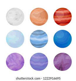 Set of colorful planets. Space objects of the solar system. Blue, purple and red Balls and spheres.
