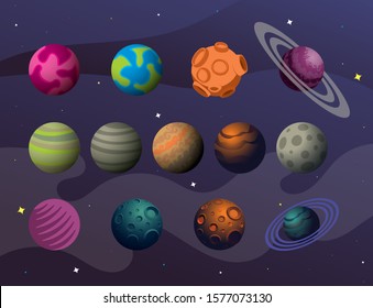 Set of colorful planets in space with stars. Vector illustration.