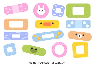 Set of colorful plasters. Duck and rabbit, frog. Health care and treatment. Bandages for scratches at skin. Patches for kids. Cartoon flat vector collection isolated on white background